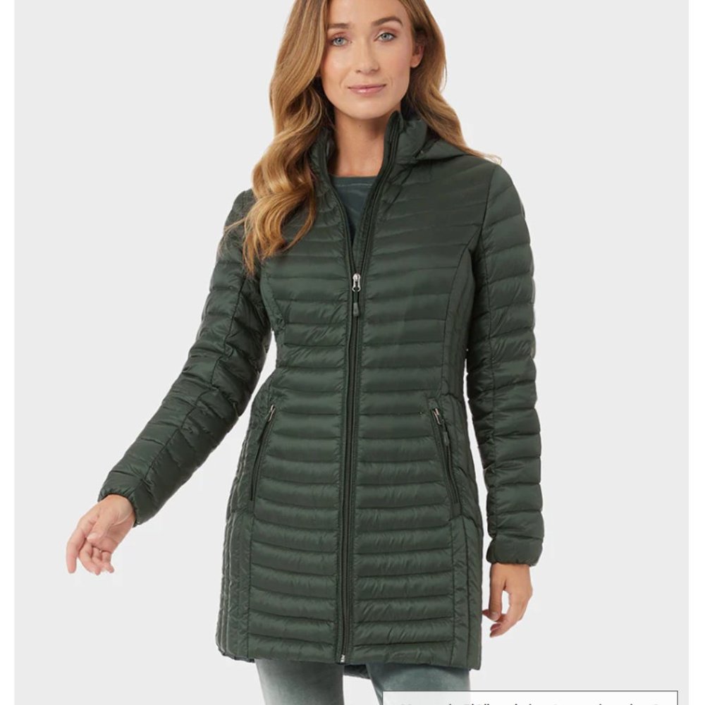 32 DEGREES Women's Ultra-Light Packable 3/4 Down Jacket, Darkest Spruce Green, S